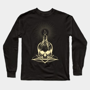 Skull and Burning Candle on Pentagram Long Sleeve T-Shirt